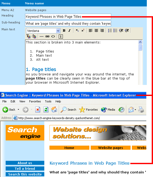 Notice how the web page 'Heading' is placed in the 'page title' (or the 'title tag') and within the headline on the web page itself.